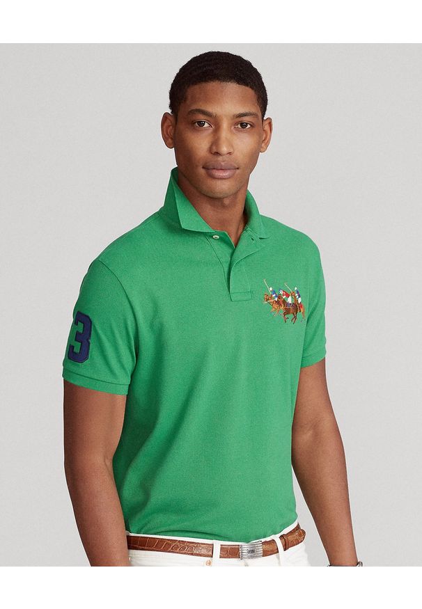 Ralph Lauren - RALPH LAUREN - Zielona koszulka polo Custom Slim Fit. Typ kołnierza: polo. Kolor: zielony. Materiał: bawełna, prążkowany. Długość: długie. Wzór: haft
