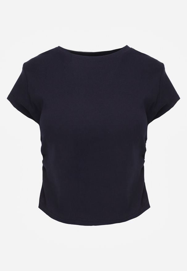 Renee - Granatowy Dopasowany T-shirt z Marszczeniem z Bawełnianej Tkaniny w Prążki Assarena. Okazja: na co dzień. Kolor: niebieski. Materiał: bawełna, tkanina. Wzór: prążki. Styl: casual, elegancki