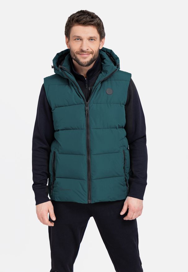 Volcano - Pikowany bezrękawnik z kapturem V-EGON. Okazja: na co dzień. Typ kołnierza: kaptur. Kolor: turkusowy. Materiał: materiał, puch, polar. Długość rękawa: bez rękawów. Styl: klasyczny, casual, sportowy