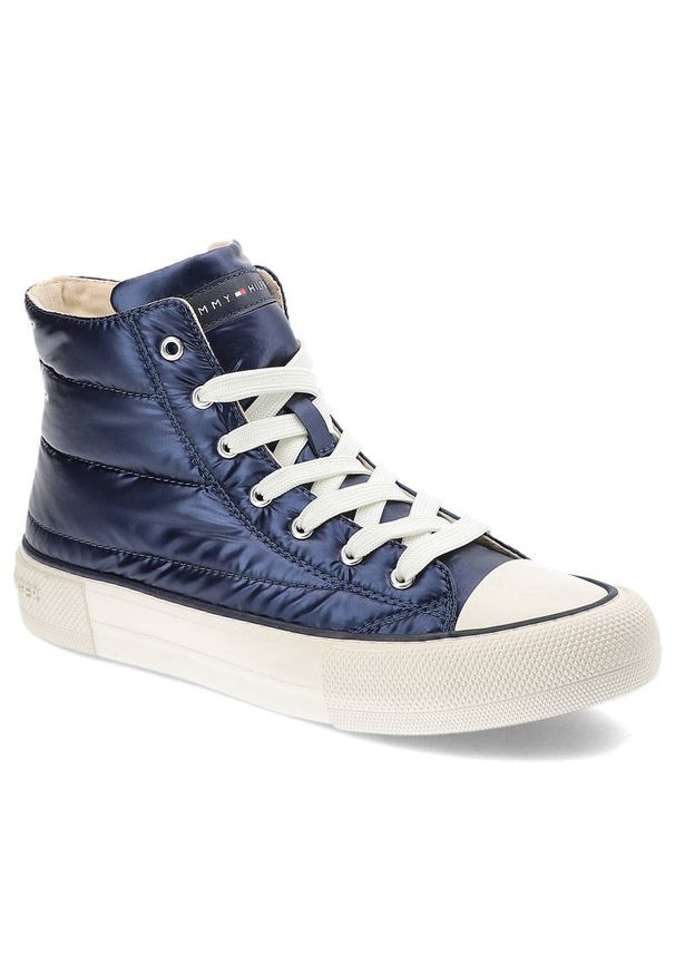TOMMY HILFIGER - Granatowe Trampki Tommy Hilfiger Modne Pikowane Buty Damskie. Kolor: niebieski. Materiał: skóra ekologiczna, materiał. Szerokość cholewki: normalna. Styl: sportowy