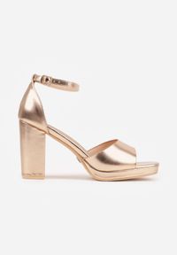 Renee - Szampańskie Sandały VICES na Słupku i Grubej Podeszwie z Wkładką ze Skóry Naturalnej Adeia. Okazja: na wesele, na imprezę, na urodziny, na ślub cywilny. Zapięcie: pasek. Kolor: złoty. Materiał: skóra. Sezon: lato. Obcas: na słupku. Styl: elegancki #4