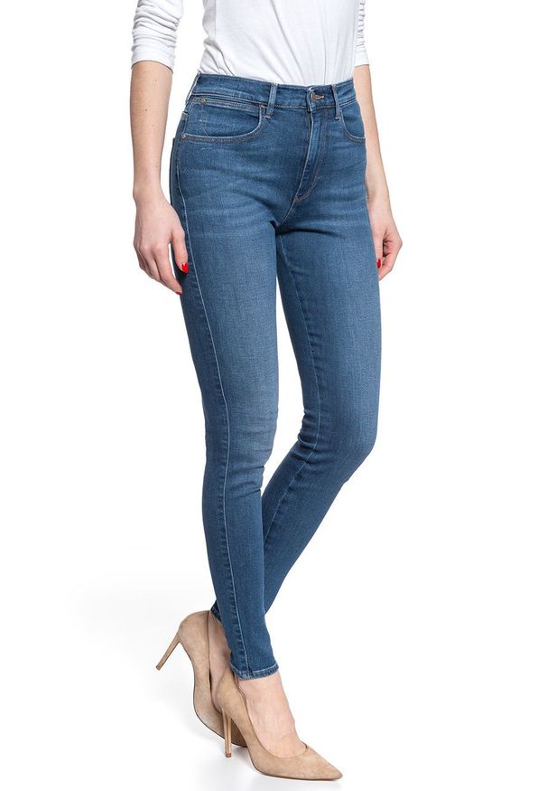 Wrangler - DAMSKIE SPODNIE JEANSOWE WRANGLER HIGH RISE SKINNY MID INDIGO W27HVQX8E 112128135. Okazja: na co dzień. Stan: podwyższony. Styl: elegancki, casual