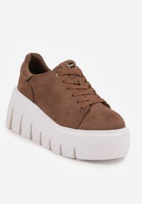 Renee - Ciemnobeżowe Sneakersy VICES na Platformie Typu Chunky Tassi. Zapięcie: sznurówki. Kolor: beżowy. Materiał: jeans, dzianina. Obcas: na platformie #2