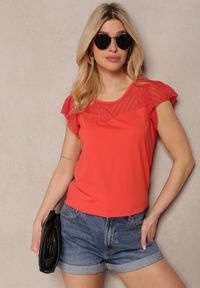 Renee - Czerwony Elegancki T-shirt Bluzka z Bawełny z Przezroczystymi Wstawkami Biopara. Kolor: czerwony. Materiał: bawełna. Sezon: lato. Styl: elegancki