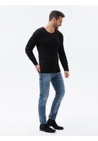 Ombre Clothing - Sweter męski z warkoczowym splotem E195 - czarny - XXL. Okazja: na co dzień. Kolor: czarny. Materiał: akryl, bawełna, jeans. Wzór: ze splotem. Styl: casual, elegancki, klasyczny