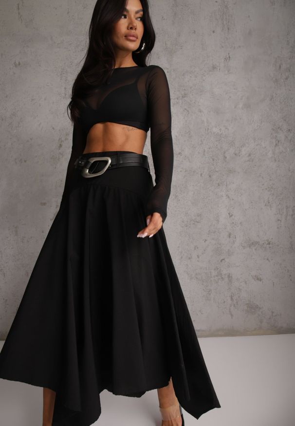 Renee - Czarna Asymetryczna Spódnica o Rozkloszowanym Fasonie z Paskiem z Klamrą Diomeine. Okazja: na co dzień. Kolor: czarny. Długość: krótkie. Styl: casual, elegancki