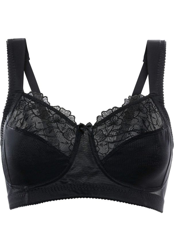 bonprix - Biustonosz odciążający bez fiszbinów z wyściełanymi ramiączkami. Kolor: czarny. Wzór: aplikacja, haft, kwiaty