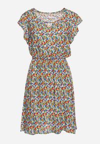 Born2be - Granatowo-Niebieska Bawełniana Sukienka w Kwiaty z Gumką w Talii i Falbanką Dimllara. Okazja: na co dzień. Kolor: niebieski. Materiał: bawełna. Wzór: kwiaty. Styl: klasyczny, casual, elegancki #4