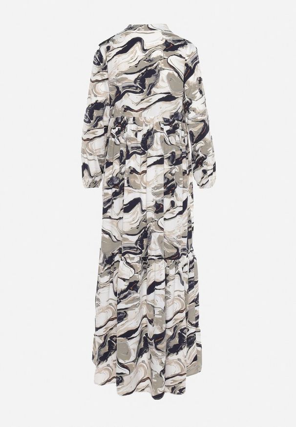 Born2be - Biała Rozkloszowana Sukienka w Abstrakcyjny Wzór Alusima. Kolor: biały