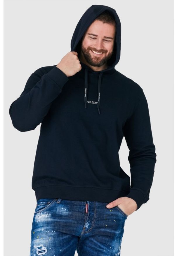 Armani Exchange - ARMANI EXCHANGE Granatowa bluza męska z kapturem i logo, Rozmiar S. Typ kołnierza: kaptur. Kolor: niebieski