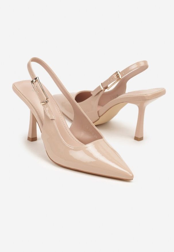 Born2be - Beżowe Sandały Czółenka Lakierowane na Szpilce z Odkrytą Piętą Parvesia. Okazja: na co dzień. Kolor: beżowy. Materiał: lakier. Obcas: na szpilce. Styl: wizytowy, casual, elegancki. Wysokość obcasa: średni