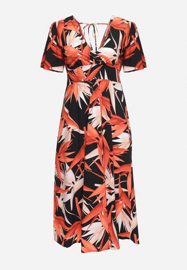 Born2be - Czarno-Pomarańczowa Sukienka z Kopertowym Dekoltem i Gumką w Pasie Wiązana na Plecach Iberi. Okazja: na randkę, na co dzień. Typ kołnierza: dekolt w serek. Kolor: czarny. Długość rękawa: krótki rękaw. Typ sukienki: kopertowe. Styl: casual