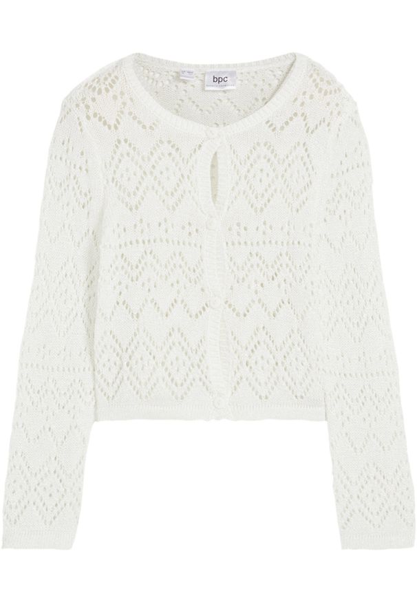 bonprix - Sweter dziewczęcy rozpinany w ażurowy wzór. Kolor: biały. Wzór: ażurowy