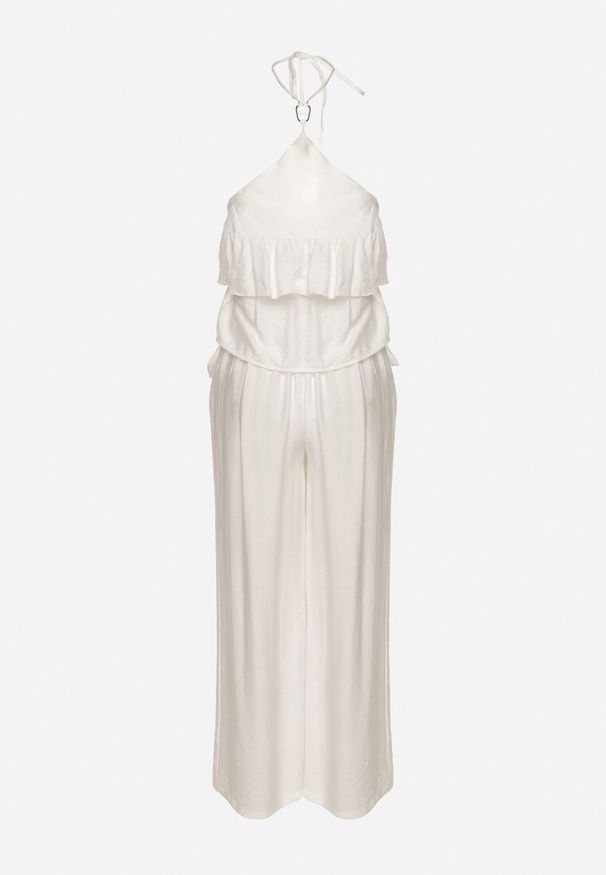 Born2be - Biały Komplet z Wiskozą Bluzka z Falbanką i Metaliczną Ozdobą oraz Spodnie Dolariela. Kolor: biały. Materiał: wiskoza. Wzór: aplikacja