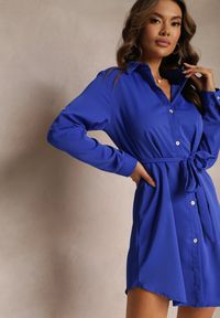 Renee - Granatowa Koszulowa Sukienka Mini z Wiązanym Paskiem Andreola. Kolor: niebieski. Materiał: materiał, tkanina, wiskoza. Typ sukienki: koszulowe. Długość: mini #4