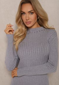 Renee - Szara Dzianinowa Sukienka z Wiskozą Zdobiona Rozcięciami u Dołu i Prążkowaniem Ninnita. Okazja: na co dzień. Kolor: szary. Materiał: dzianina, prążkowany, wiskoza. Długość rękawa: długi rękaw. Wzór: aplikacja. Typ sukienki: proste. Styl: casual #3