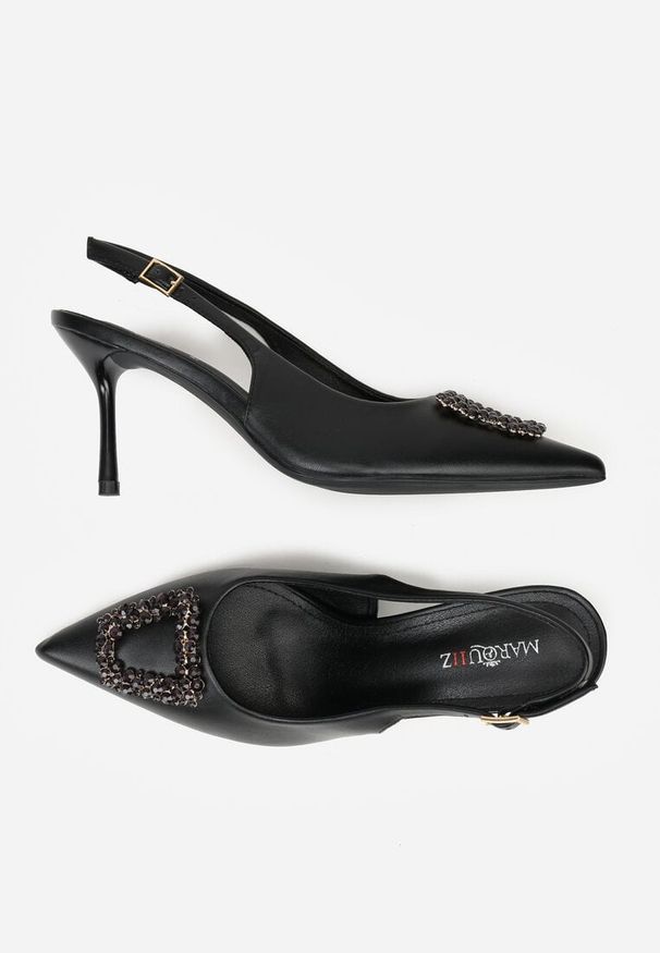 Renee - Czarne Sandały na Szpilce Ozdobione Aplikacją z Cyrkoniami Isleheart. Okazja: na ślub cywilny, na wesele. Zapięcie: pasek. Kolor: czarny. Materiał: skóra. Wzór: aplikacja. Obcas: na szpilce. Styl: klasyczny