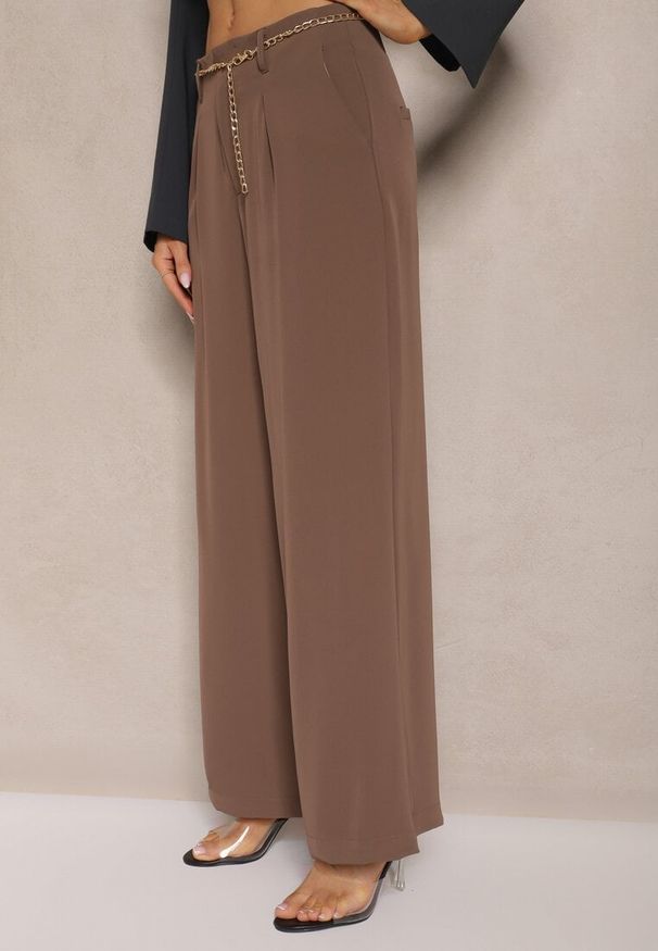 Renee - Brązowe Garniturowe Szerokie Spodnie High Waist Karmoi. Stan: podwyższony. Kolor: brązowy. Styl: klasyczny, elegancki