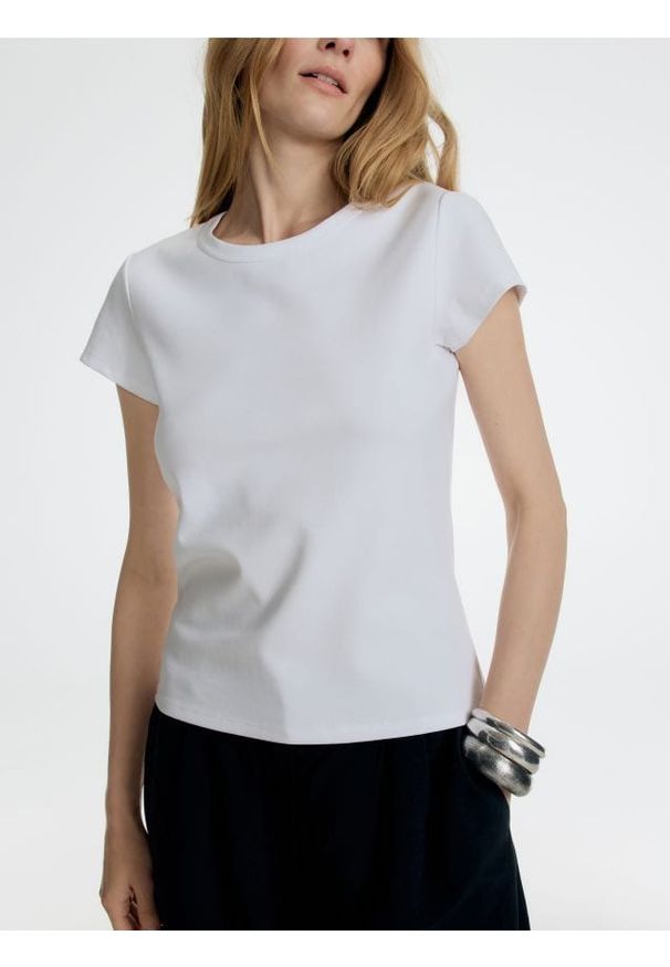 Reserved - T-shirt z bawełny merceryzowanej - biały. Kolor: biały. Materiał: bawełna