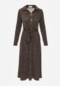 Born2be - Brązowa Rozkloszowana Sukienka Koszulowa z Wiązanym Paskiem Cheresin. Kolor: brązowy. Materiał: materiał. Typ sukienki: koszulowe. Długość: midi #8