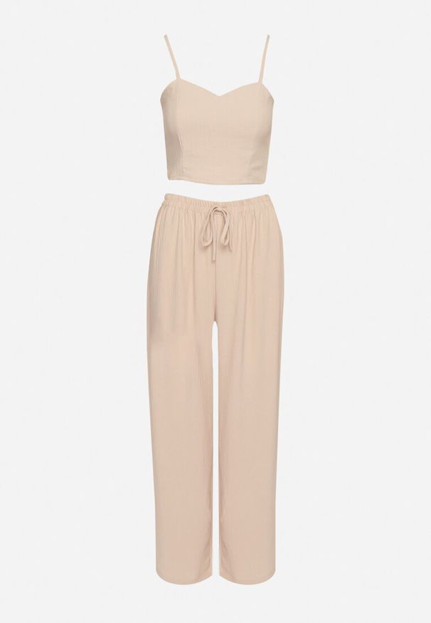 Born2be - Beżowy Komplet Top na Cienkich Ramiączkach Długa Koszula i Luźne Spodnie Adirive. Kolor: beżowy. Materiał: materiał