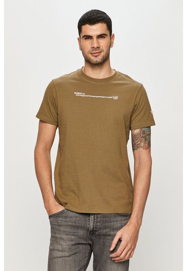 Guess - T-shirt. Okazja: na co dzień. Kolor: zielony. Materiał: dzianina. Wzór: aplikacja. Styl: casual