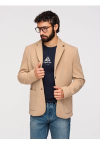Ombre Clothing - Męska marynarka z podpinką z wysokim kołnierzem i kapturem – jasnobrązowa V1 - Rozmiar: L. Typ kołnierza: kaptur. Kolor: brązowy. Materiał: materiał, syntetyk, dzianina, elastan, poliester. Wzór: ze splotem, aplikacja. Styl: elegancki