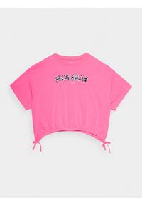 4f - T-shirt crop top z wiązaniem dziewczęcy. Kolor: różowy. Materiał: bawełna. Wzór: nadruk, kolorowy
