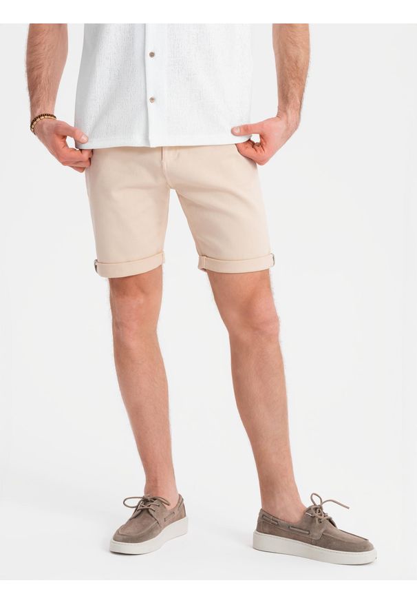 Ombre Clothing - Jeansowe męskie klasyczne szorty z podwiniętą nogawką – kremowe V2 OM-SRDS-0162 - XXL. Kolor: kremowy. Materiał: jeans. Sezon: lato. Styl: klasyczny