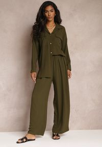 Renee - Ciemnozielony 2-częsciowy Komplet Casual z Szerokimi Spodniami i Koszulą Oversize Hyparissa. Kolor: zielony #1