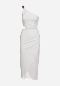 Born2be - Biała Asymetryczna Sukienka Koktajlowa na Jedno Ramię z Wycięciem i Metalową Klamrą Violea. Okazja: na imprezę. Kolor: biały. Długość rękawa: długi rękaw. Typ sukienki: asymetryczne. Styl: wizytowy #2
