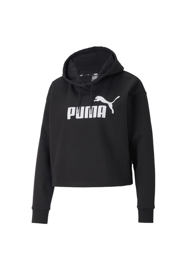 Puma - Damska bluza o skróconym kroju z kapturem z logo Essentials PUMA Black. Typ kołnierza: kaptur. Kolor: czarny. Materiał: polar. Sezon: zima