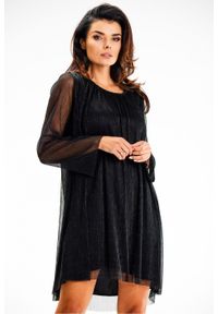 Awama - Zwiewna błyszcząca sukienka oversize na wieczór czarna. Kolor: czarny. Typ sukienki: oversize. Styl: wizytowy #1