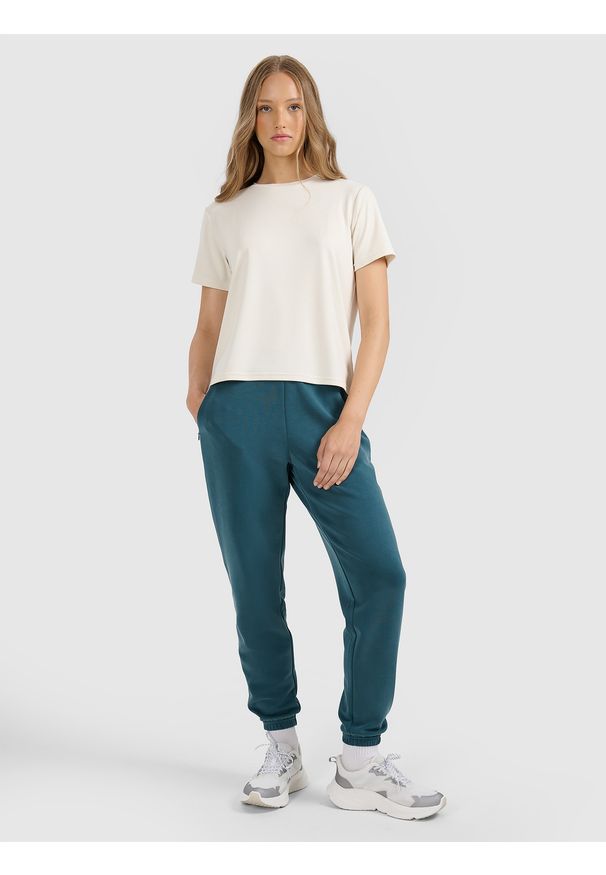 4f - 4F T-shirt z prążkowanej dzianiny z modalem damski - beżowy XS. Okazja: na co dzień. Kolor: beżowy. Materiał: prążkowany, dzianina. Styl: casual