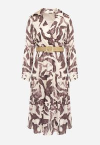 Born2be - Beżowo-Brązowa Kopertowa Sukienka w Abstrakcyjny Wzór z Gumką w Talii i Paskiem Zinnitaria. Okazja: na co dzień. Kolor: beżowy. Materiał: jeans. Typ sukienki: kopertowe. Styl: casual, klasyczny #5