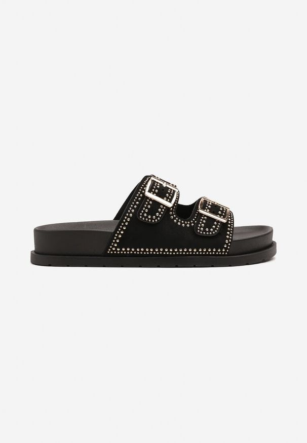 Born2be - Czarne Klapki z Ozdobnymi Nitami i Dwoma Paskami Helziva. Okazja: na co dzień. Kolor: czarny. Materiał: jeans. Wzór: aplikacja. Obcas: na obcasie. Styl: klasyczny, elegancki, casual. Wysokość obcasa: niski