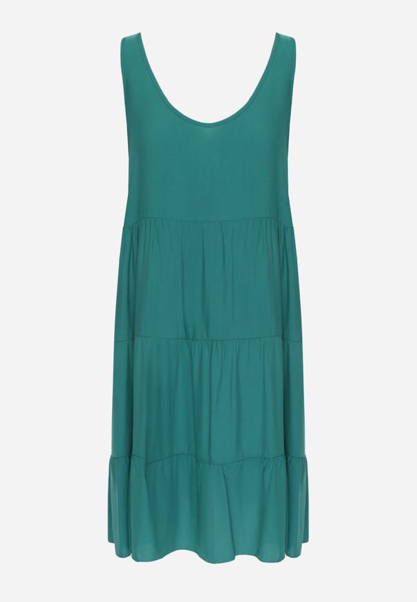 Renee - Ciemnozielona Sukienka z Bawełny o Rozkloszowanym Kroju Ozdobiona Falbankami Tessah. Okazja: na co dzień. Typ kołnierza: kołnierz z falbankami. Kolor: zielony. Materiał: bawełna. Wzór: aplikacja. Styl: casual, klasyczny, elegancki