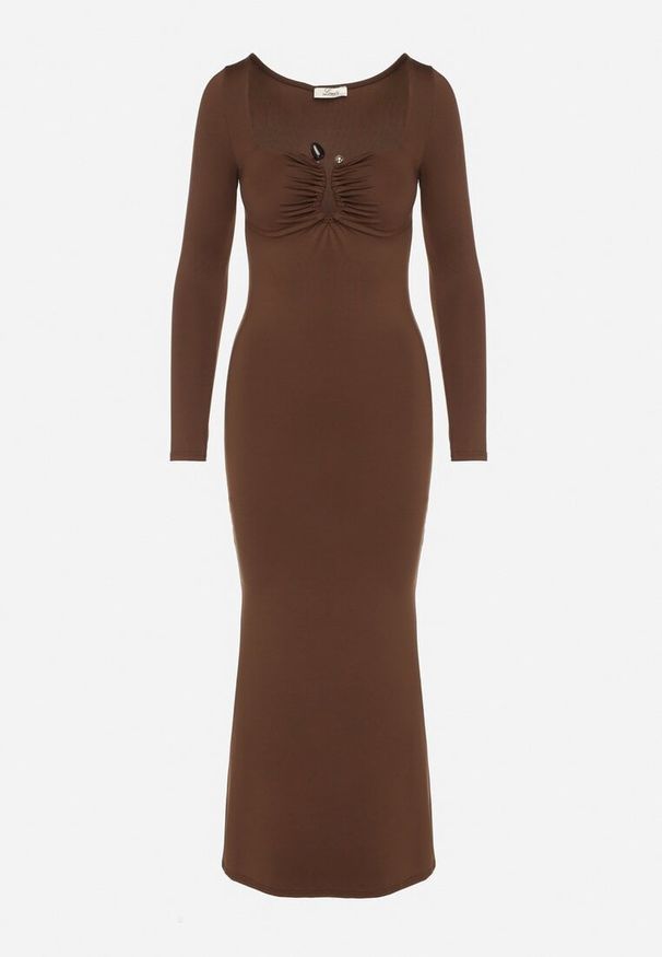 Born2be - Brązowa Koktajlowa Sukienka z Wiskozą i Metaliczną Ozdobą Refare. Okazja: na imprezę. Kolor: brązowy. Materiał: wiskoza. Wzór: aplikacja. Styl: wizytowy