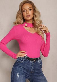 Renee - Różowy Sweter Golf z Ozdobnym Wycięciem Przy Dekolcie Erticia. Typ kołnierza: golf. Kolor: różowy. Sezon: zima #4