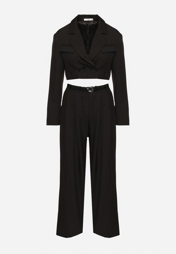 Born2be - Czarny Komplet Garniturowy z Krótką Marynarką i Spodniami z Paskiem Verithia. Kolor: czarny. Materiał: bawełna, jedwab