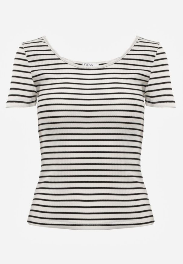 Renee - Biało-Granatowy Bawełniany T-shirt Koszulka w Paski z Krótkim Rękawem Fralea. Okazja: na co dzień. Kolor: biały. Materiał: bawełna. Długość rękawa: krótki rękaw. Długość: krótkie. Wzór: paski. Styl: elegancki, casual