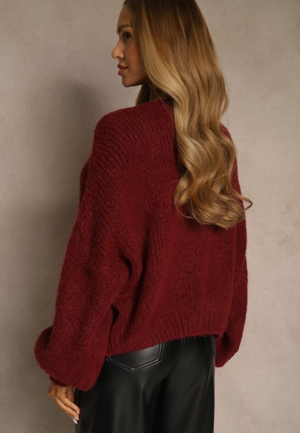 Renee - Bordowy Kardigan z Wełną o Kroju Oversize z Wiązanymi Kokardami Elearina. Okazja: na co dzień. Typ kołnierza: kokarda. Kolor: czerwony. Materiał: wełna. Styl: casual, street, elegancki