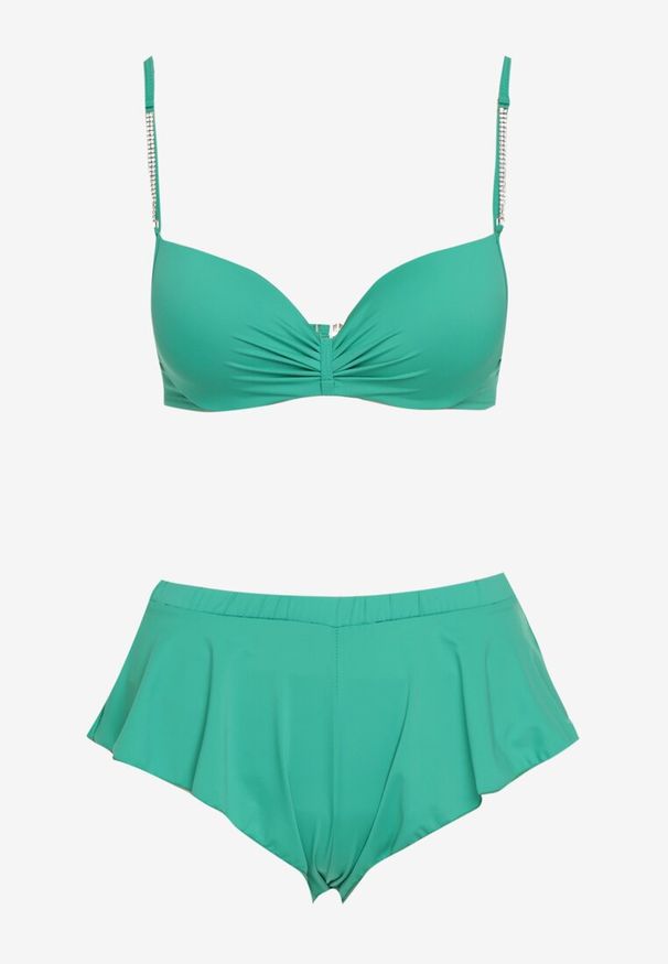 Born2be - Zielone Bikini Góra z Regulowanymi Ramiączkami Ozdobionymi Cyrkoniami z Elastycznym Dołem w Zestawie Spodenki Kąpielowe z Gumką w Pasie Quilalia. Kolor: zielony. Wzór: aplikacja