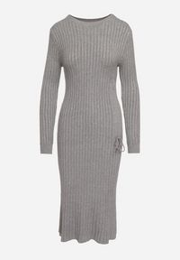 Born2be - Szara Dopasowana Sukienka z Wiskozą z Prążkowanego Materiału Ściągana Troczkiem Eleavia. Okazja: na co dzień. Kolor: szary. Materiał: prążkowany, wiskoza, materiał. Wzór: aplikacja. Styl: casual #4