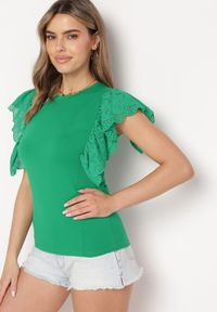 Born2be - Zielona Bawełniana Bluzka z Haftowanym Materiałem na Rękawach Alvine. Kolor: zielony. Materiał: materiał, bawełna. Wzór: haft #2
