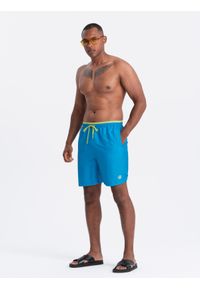 Ombre Clothing - Spodenki męskie kąpielówki z dwukolorowym ściągaczem – niebieskie V6. Okazja: na plażę. Kolor: niebieski. Materiał: poliester, materiał. Wzór: haft, jednolity. Sezon: lato #4