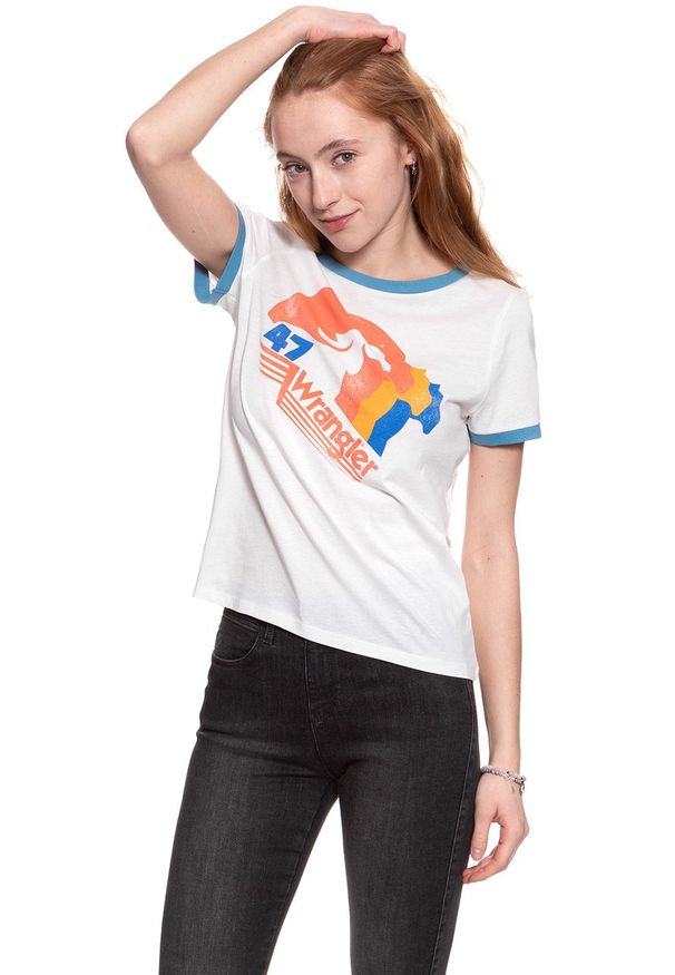 Wrangler - WRANGLER T SHIRT DAMSKI REGULAR TEE EGRET OFF WHITE W7383EVIO 112131034. Wzór: nadruk