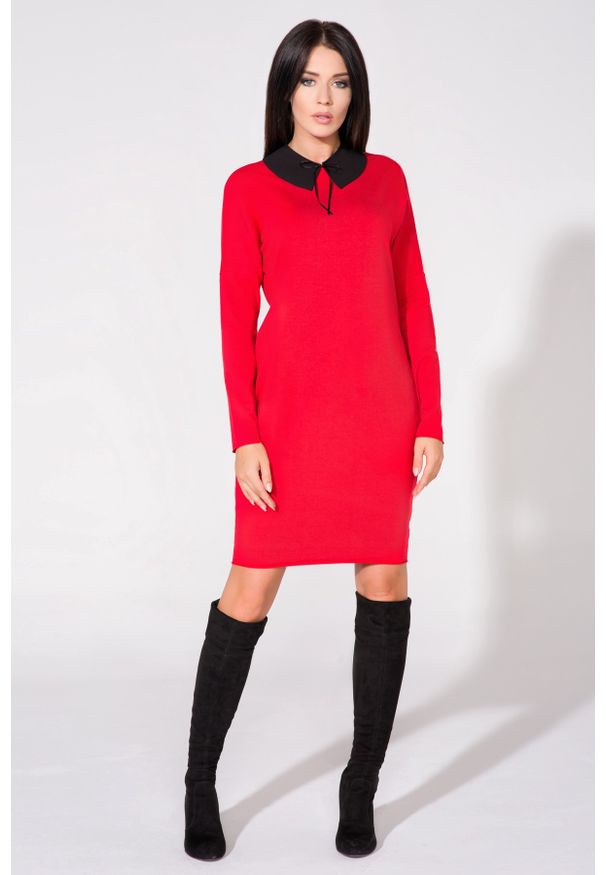 Tessita - Czerwona Sukienka z Dołączonym Kołnierzykiem. Kolor: czerwony. Materiał: bawełna, poliester, elastan
