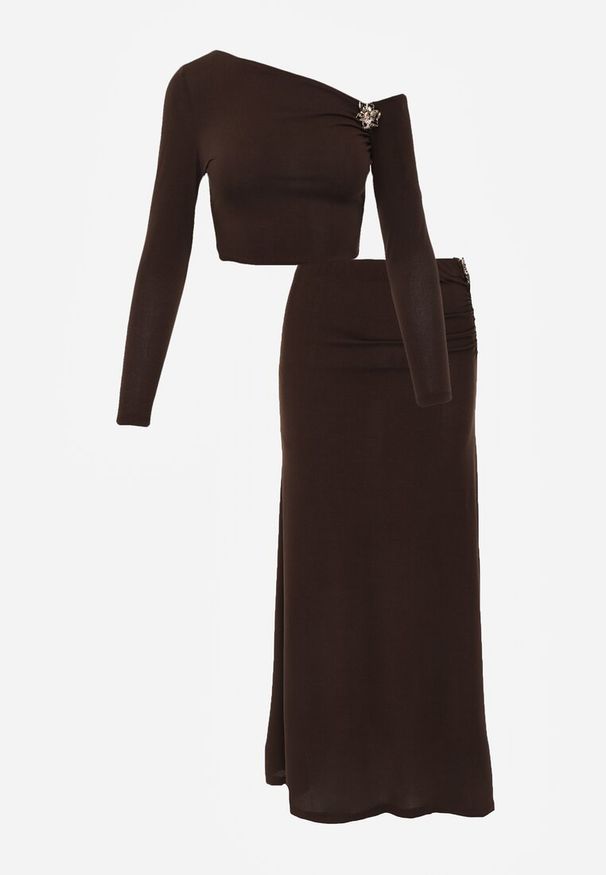 Renee - Brązowy Komplet Spódnica i Longsleeve Zdobione Marszczeniami i Aplikacjami Bervessa. Kolor: brązowy. Wzór: aplikacja