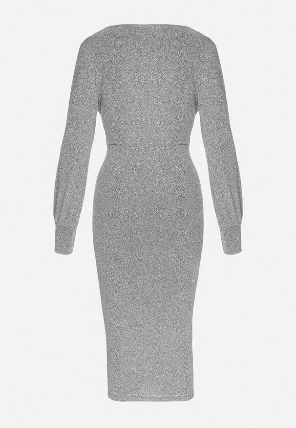 Born2be - Szara Dopasowana Sukienka z Kopertowym Dekoltem i Bufiastymi Rękawami Ulonissa. Kolor: szary. Materiał: tkanina. Typ sukienki: kopertowe. Styl: klasyczny